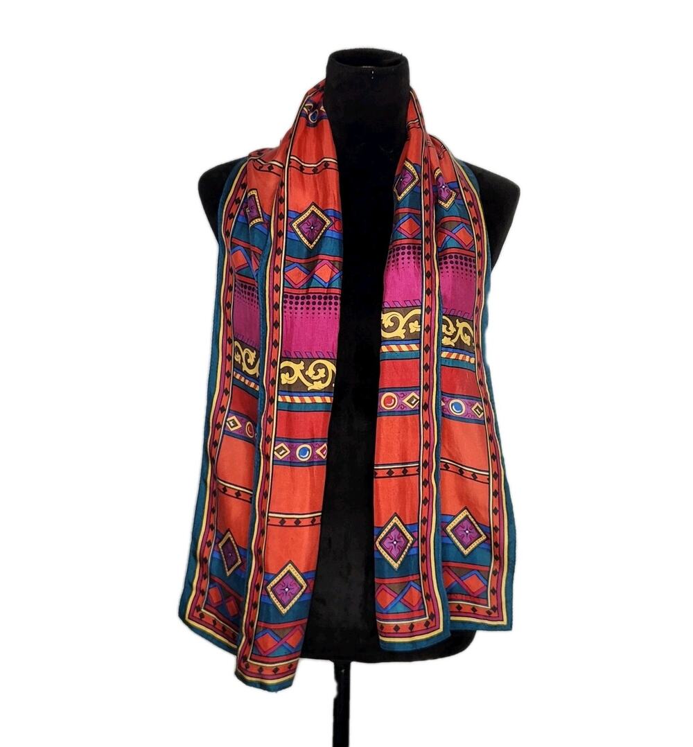 Unbranded Vintage Geometric Print Jewels Rectangle Scarf Silk Multicolor 11"×58"